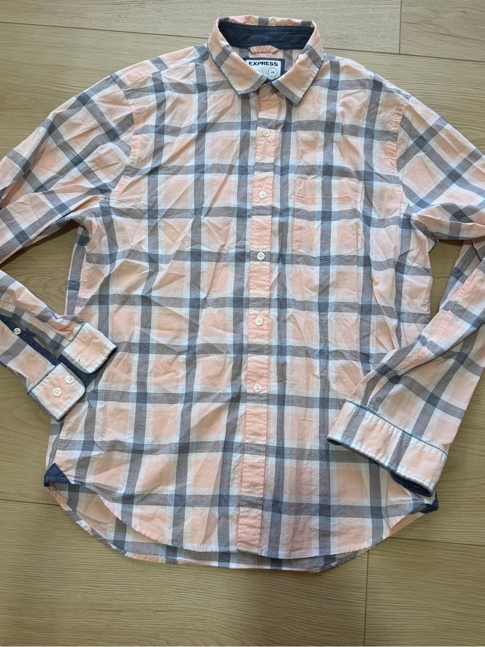 Express Men's Peach and Gray Plaid Button-Up Shirt 2nd photo true color